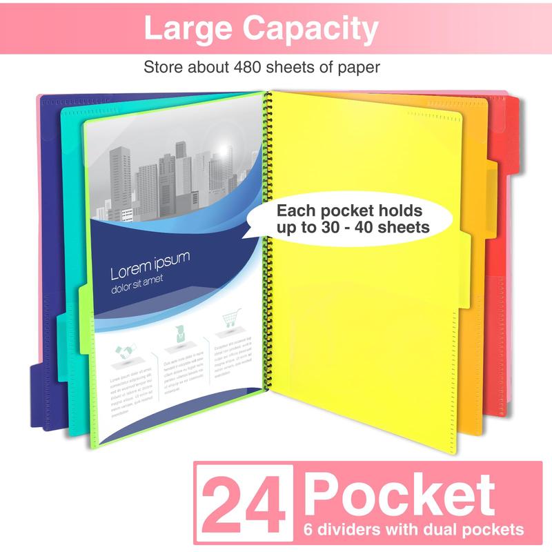 24 Pocket Project Organizer,  1/3-cut Tab Binder Organizer with Sticky Labels, Multi Pocket Folder with Zipper Pouch, Folder Binder Spiral Pocket Notebook, Office Supplies, Letter Size, Blush