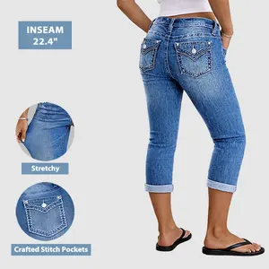 Flamingals Stitch Detail Mid Waist Rolled Hem Capri Jeans Womenswear Stretchy 22.4" Inseam