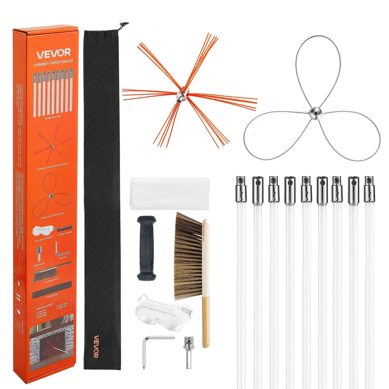 VEVOR Chimney Sweep Kit,  30 ft Maximum Extendable Length Chimney Brush, Chimney Cleaner Sweeper with Dual Brush Heads, Brush & Goggles, Fireplace Cleaning Tool for Square, Rectangle, Arch Chimneys