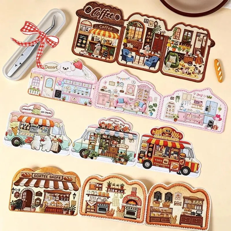3D Scene Sticker Book--Tri-fold Embroidery Mini Shop(Bakery + Coffee Shop + Dessert Shop + Food Truck), 4 Themes DIY House Set, 3D Miniature Scene Stickers, for girls and children, Perfect for Beginners(4 Theme Styles), Diy House Kit, Craft