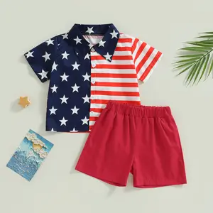 Baby Boy 4th of July Outfit Cute Stars and Stripes Print Button Down Shirt Top Elastic Shorts Toddler Summer Sets