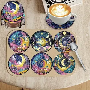 8pcs Mix Moon Design Clay Tray Coasters Set - DIY Acrylic, Sparkling Diamond Art Craft with Stand, Ideal for Home Decor, Perfect Gift for Beginners & Art Enthusiasts