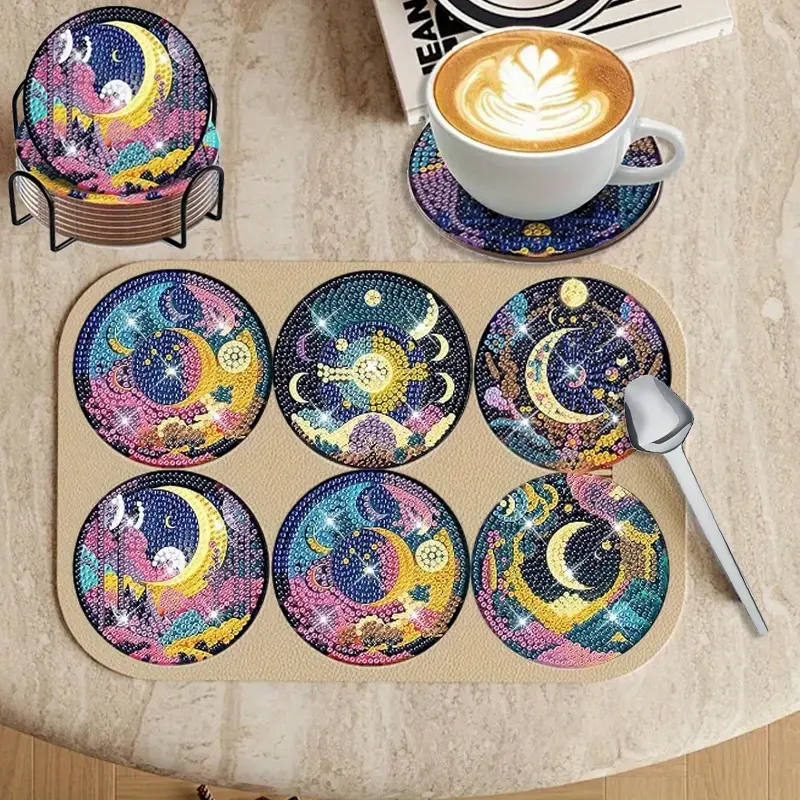 8pcs Colorful Moon Patterns Clay Tray Coasters Set - DIY Acrylic Base, Sparkly Look Diamond Art Craft with Stand, Camp Kitchen Tableware for Adults, Ideal Home Decor Gift, Beginners