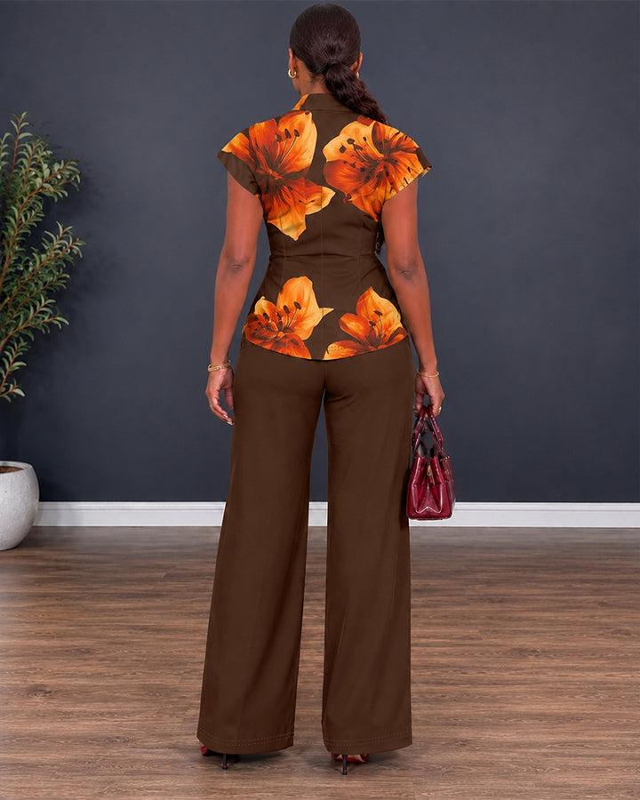 CHICME Women's Two Piece Outfit Vintage Floral Twist Front Top and Straight Leg Pants Set