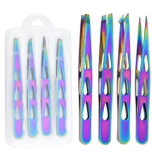 4-Piece Tweezers Set + Storage Box, Stainless Steel Flat Mouth Tweezers, Eyebrow Trimmer, Hair Removal Tool, Plastic Box Packaging Gift, Eyebrow Styling Kit