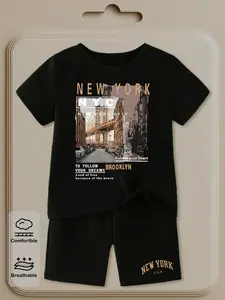 Kids Black "New York City" Retro City Short Set - 2026 Trending Kids Streetwear, Soft Breathable Cotton Perfect for Travel & Family Outings