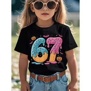 Girls' Funny 67 Number Ice Cream Drip Meme T-Shirt - Cute 6 & 7 Birthday Party Outfit, Casual Round Neck Short Sleeve Top with 67 Number Design, Spring/Summer Fit for 6th & 7th Birthday Celebration, Trendy Girls' Clothing for Casual Attire & Themed