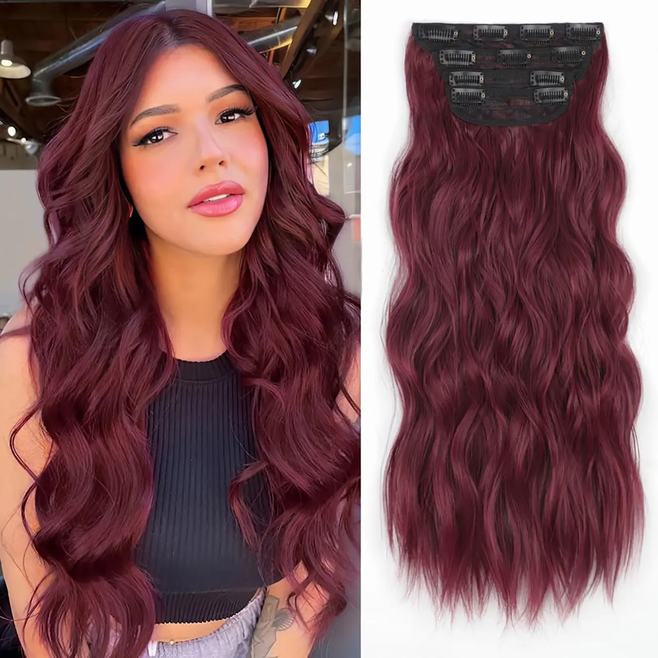 Burgundy Clip in Hair Extensions, 20 Inch Loose Wavy Synthetic Clip in Hair Extensions for Women, 4PCS Layered Red Hair Extensions Lace Weft Voluminous Soft Hairpieces for Full Head Coverage, Wine Red Hair Extensions summerwins