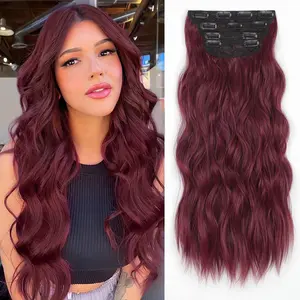 Burgundy Clip in Hair Extensions, 20 Inch Loose Wavy Synthetic Clip in Hair Extensions for Women, 4PCS Layered Red Hair Extensions Lace Weft Voluminous Soft Hairpieces for Full Head Coverage, Wine Red Hair Extensions