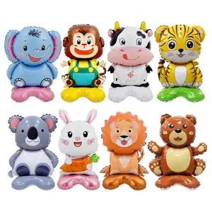 8 Pc Standing Cute Animal Foil Balloons - Lion, Bear, Cow, Monkey, Koala, Tiger, Elephant, Bunny - Jungle Safari Zoo Themed Baby Shower Birthday Party Decorations