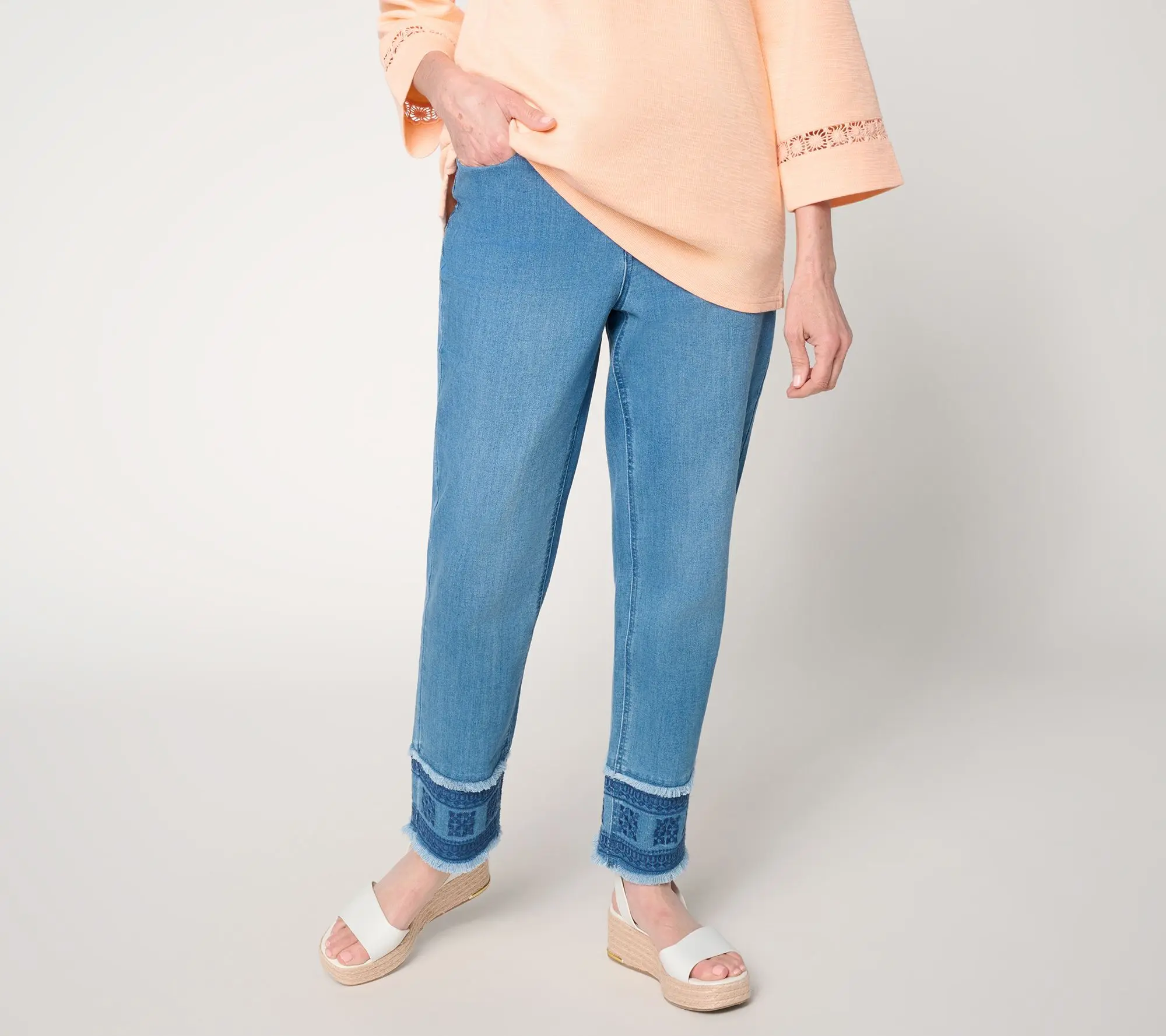 Susan Graver Petite Stretch Denim Eyelet Fray Hem Ankle Pant