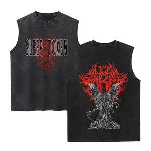 Sleep Token Unisex Cotton Vintage Washed Vest Sleep Symbol Retro Print Casual Regular Fit for Daily Wear Retro Band Style for Couples Perfect Boyfriend Gift