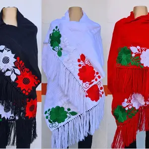 Embroidered Mexican Shawl - Rebozo Mexicano Bordado verde, blanco, y rojo.