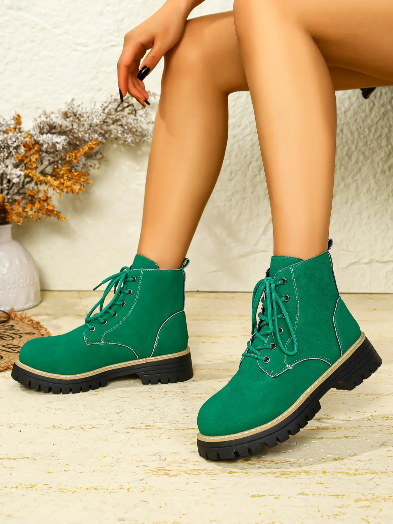 Women's Fluorescent Green Lace - Up Ankle Boots, Casual Comfortable Walking Shoes, Versatile Footwear for Daily Commuting, Leisure & Outdoor, Female All - match Trendy Chunky Heel Boots for All Seasons, Winter Warm Shoes