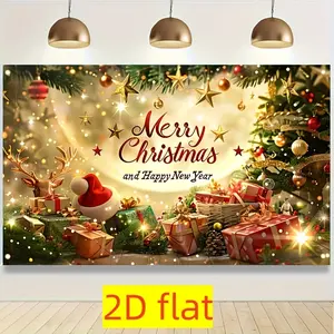 2D Flat, 1pc Merry Christmas & Happy New Year Banner - Festive 2D Flat Polyester Backdrop with Santa Hat, Gifts, and Holiday Decor for Tree, Yard, or Indoor Celebrations, Christmas Decorations