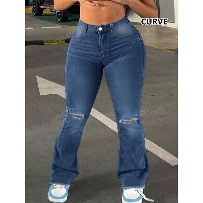 European And American New Style Simple Casual Basic Versatile Ripped Women's Plus Size Denim Stretch Bell Pants