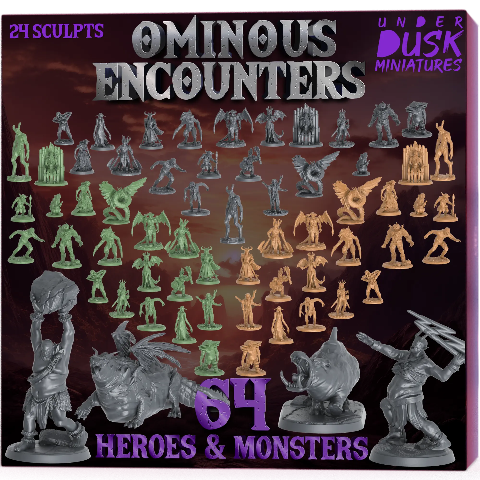 Underdusk Ominous Encounters - 64 DnD Minis | 4 Boss Figures | Stat Blocks Included I Tabletop Paintable Miniatures