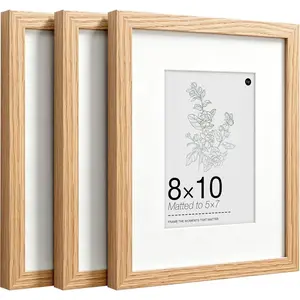 8x10 Picture Frames Set of 3, Solid Oak  Frames with Real Glass, 5x7 photo Frame with Mat or 8x10 Without Mat, Wall  & Tabletop Picture Frame, Decor