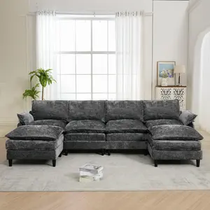 Modular Sofa,U-Shaped Cloud Couch Comfy Set，Convertible Sectional Couch with Double Chaise Lounge, Living Room,Pillows，Apartment, Chenille(2 Movable Ottoman)
