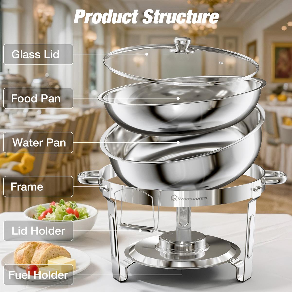 Chafing Dish Buffet Set 2 Pack, 5QT Round Chafing Dishes for Buffet with Glass Lid & Lid Holder, Stainless Steel Chafers and Buffet Warmers Sets for Parties, Events, Wedding, Camping, Dinner