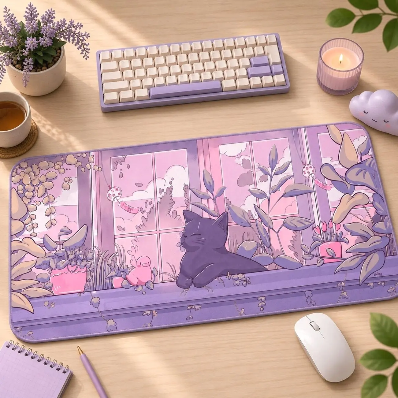 Cat mousepad XXL desk mat, Pastel Anime Mouse Pad, Cozy Desk Setup, Japanese Kawaii Desk Mat, Gaming Mat
