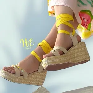 H&E Espadrille Wedge Sandals - Yellow Strappy Design for Women's Summer Fashion