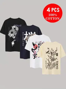 Men's 4-Piece Tokyo Dragon Print Cotton Short Sleeve T-Shirt Set, Casual Comfortable Summer Outdoor Wear, Round Neck Fitted Top