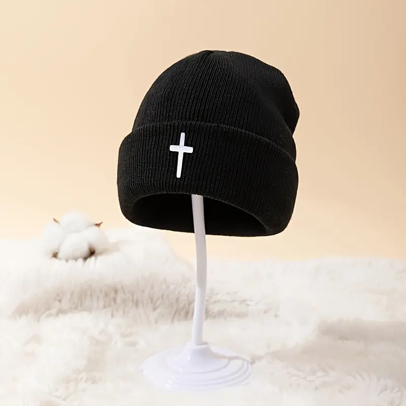 Cross Embroidered Warm Knit Beanie for Men & Women - Hip Hop Style Cold Weather Pullover Hat, Perfect for Winter Fashion and Outdoor Activities