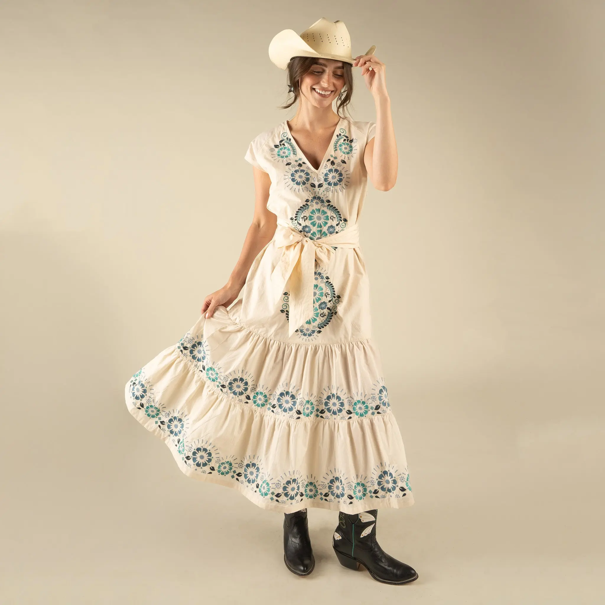The Emilia Dress - Ivory - Teal