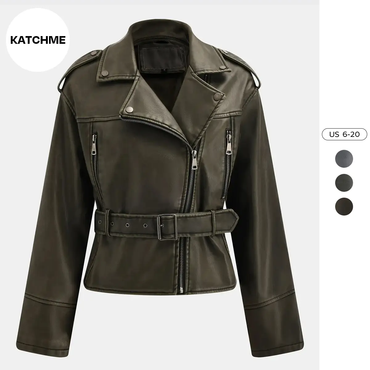 KatchMe Womenswear Epaulets Zipper Belt Decor PU Biker Jacket Coats,Outerwear Jacket,Ladies Biker Zipper Pocket Clothes Womenswear