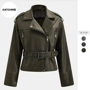 KatchMe Womenswear Epaulets Zipper Belt Decor PU Biker Jacket Coats,Outerwear Jacket,Ladies Biker Zipper Pocket Clothes Womenswear