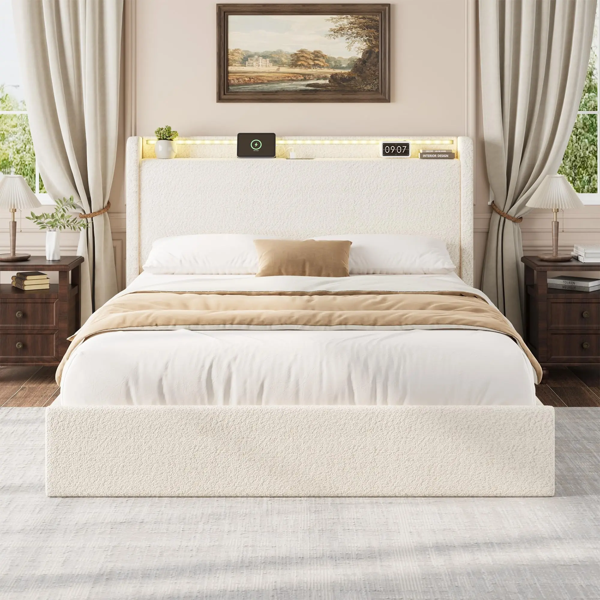 Garvee Cream Queen Size Boucle Fabric Rectangular Bed Frame - 1000lb Capacity, Storage Headboard with Charging Station & LED Lighting, 4 Storage Drawers, Upholstered Platform with Wooden Slats, No Box Spring Needed, Easy Assembly, Easy Setup, Engineered W