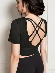Women's Cross Back Sports Tee, Solid Color Crop Sports Top, Ladies Sportswear for Indoor Outdoor Wear, Hollow Back Activewear
