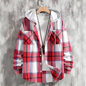 Men's plaid print button front winter jacket (hoodie), loose casual dropped shoulder long sleeve collar coat, suitable for autumn and winter clothing, soft shell jacket for men's daily wear