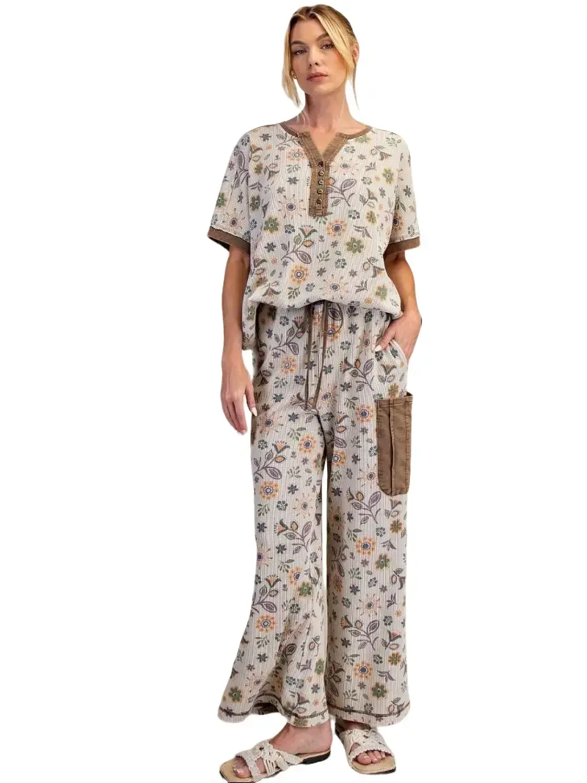 EASEL Women's Casual 2-Piece Outfit Set - Mineral Washed Waffle Floral Print Henley Neck Top with Short Loose Dolman Sleeves, 26" Length Button, Changing Pants & Top Set with Small Measurements, Women's Clothing, Top With Top Set