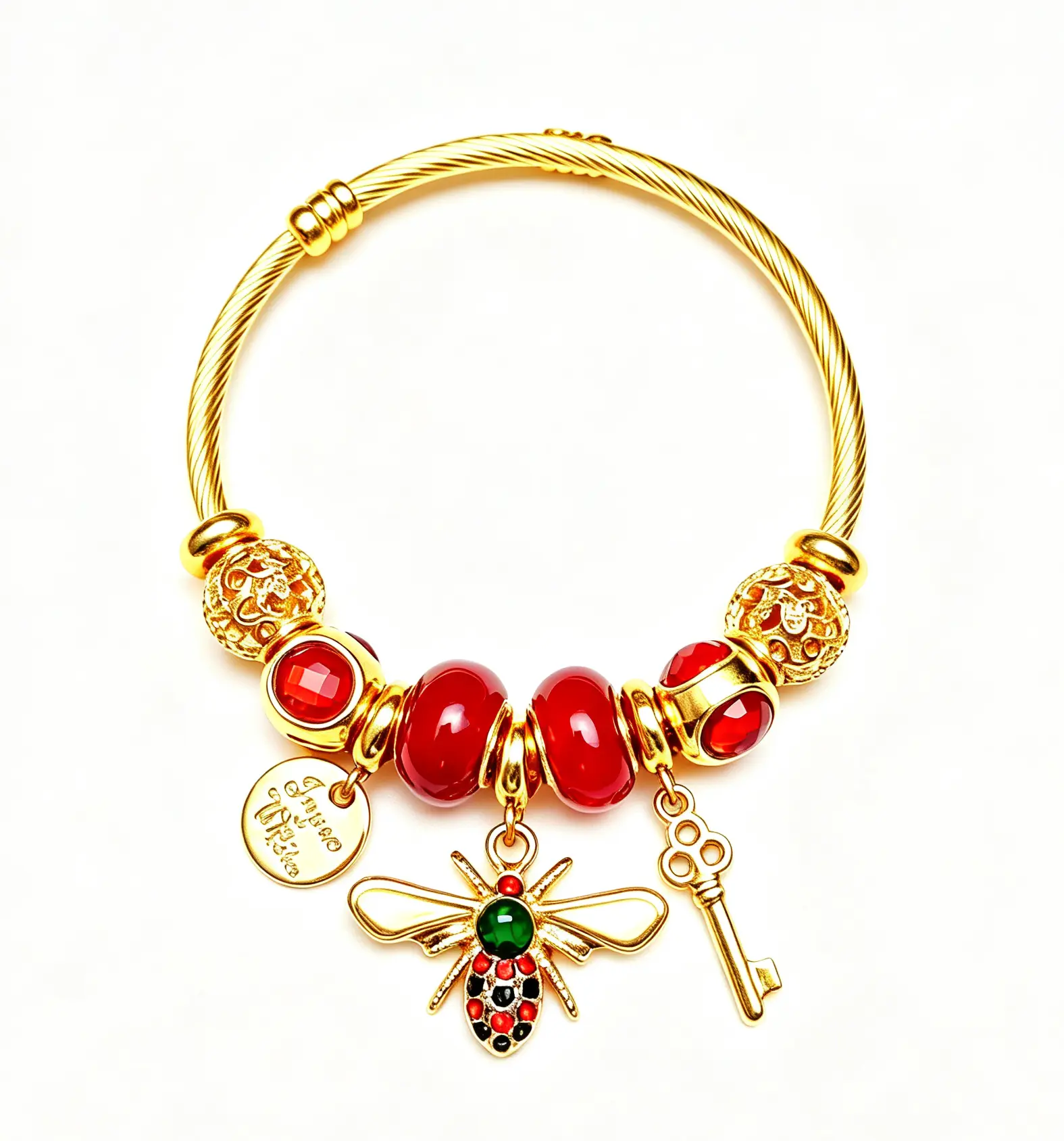Gold Bee Charm Bangle Bracelet for Women, Adjustable Cable Wire Open Cuff Bracelet with Key & Coin Pendant, Fashion Multicolor Beaded Jewelry Gift