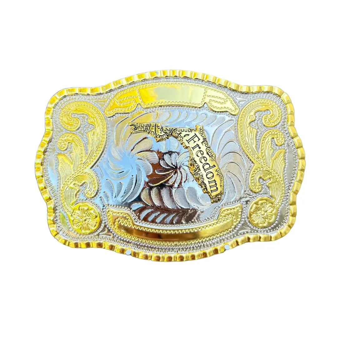 Freedom Belt Buckle Hebilla Vaquera Florida 5.5"x4", Fits 2" Belts, Gold & Silver Tones Western Style