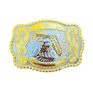 Freedom Belt Buckle – Hebilla Vaquera Florida 5.5"x4", Fits 2" Belts, Gold & Silver Tones Western Style