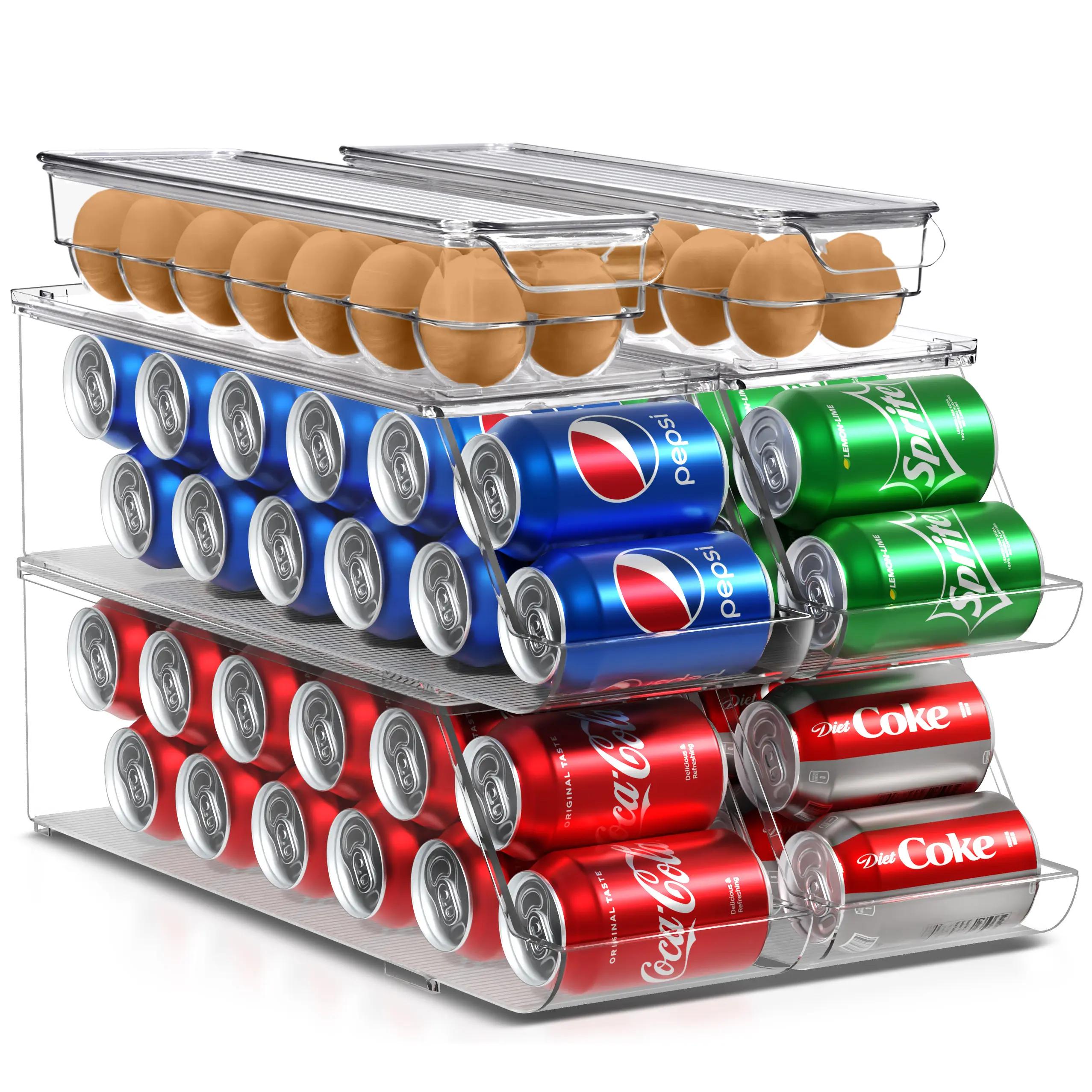 Organize Your Fridge with Sorbus Can and Egg Holder, 4 Stackable Can Dispenser Racks and 2 Egg Holders with Lid Plastic Set Slide