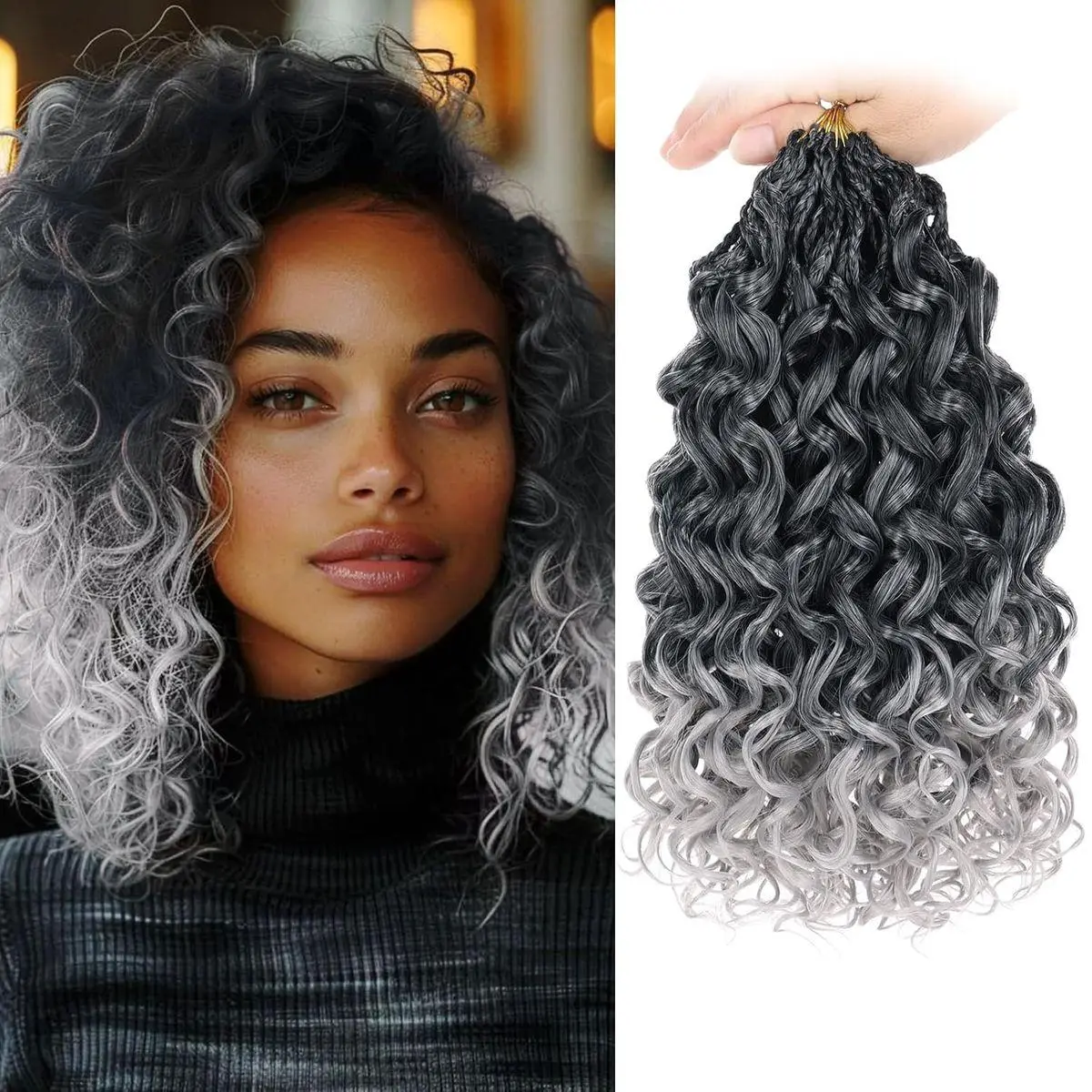 Gogo Curl Crochet Hair 10 Inch 8 Packs Ombre Gray Ocean Wave Crochet Braids Pre Looped Deep Twist Goddess Box Braids Short Curly Water Wave Synthetic Braiding Hair for Women Girl Kids