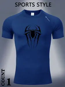 Men's Sportswear Top, Spider Logo Base Layer, Short Sleeve T-Shirt, Gym Workout Tee, Breathable Workout Tops, Breathable Elastic Fabric, Ideal for Gym, Running, Cycling, Summer