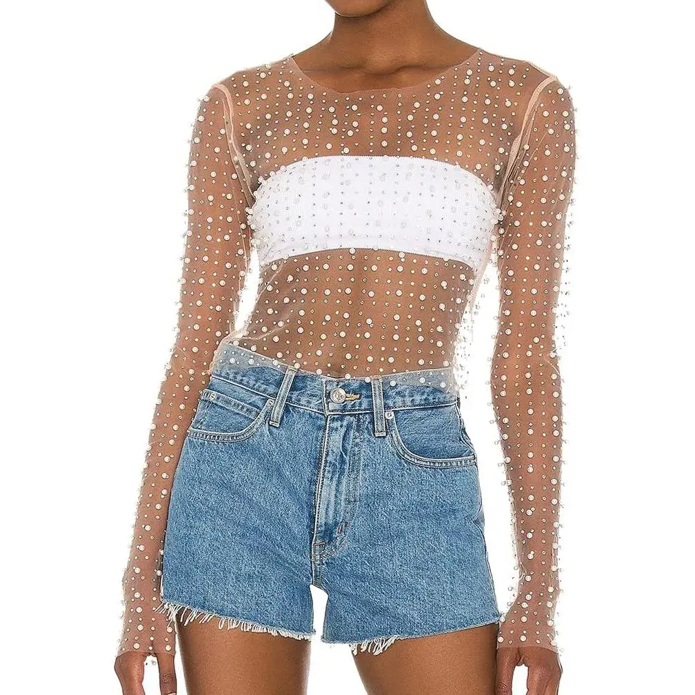Women's Halloween See-Through Mesh Glitter Finish Shirts - Crew Neck, Long Sleeve, Slim Fit, Breathable Polyester Blend Mini Crop Top with Rhinestone Accents, Comfy to Touch and Wear for Casual Night Out, Clubwear