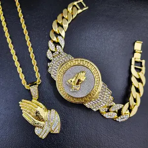 HIP HOP PRAYING HANDS BRACELET GOLD PLATED CUBIC ZIRCONIA & NECKLACE JEWELRY ACCESSORY GIFT SET