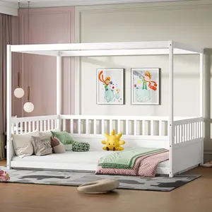 Full Size Canopy Floor Bed Frame with Guardrails, Floor Bed Full with Four Poster Design,Kids Montessori Floor Bed,Wood Canopy Bed Frame for Kids Girls Boys