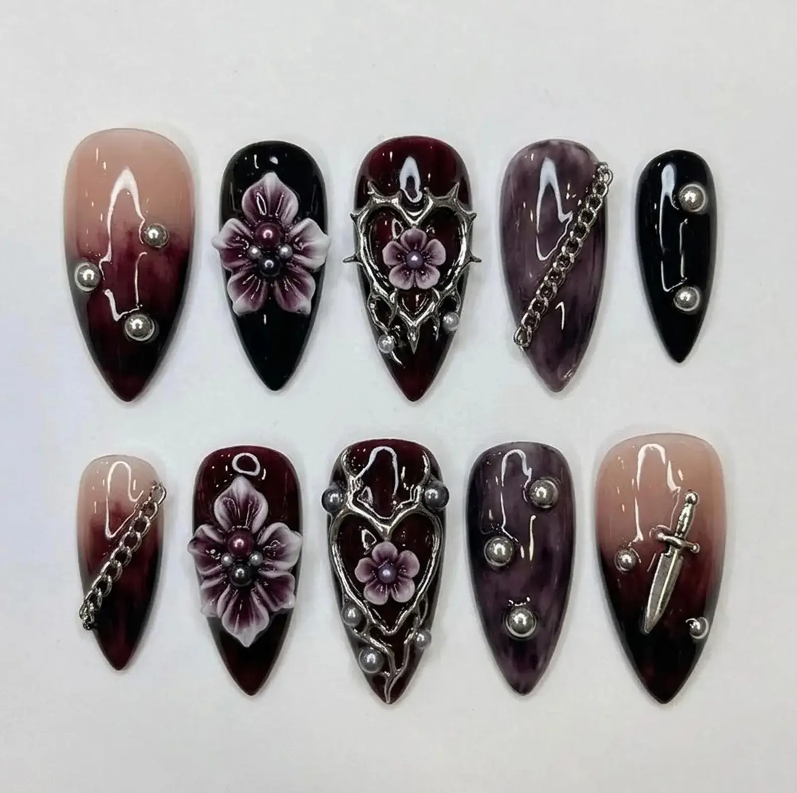 Handmade Gothic Burgundy Press On Nails, 3D Flower & Heart Frame Nail Set, Sword Charms, Dark Romantic Nails For Bold Statement Looks