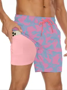 Men's Floral & Cartoon & Animal Print 2 in 1 Drawstring Waist Beach Shorts, Casual Quick Drying Swim Shorts for All Seasons, Men's Swimwear for Beach Vacation, Clothing, Swimming, Summer Swim Bottoms