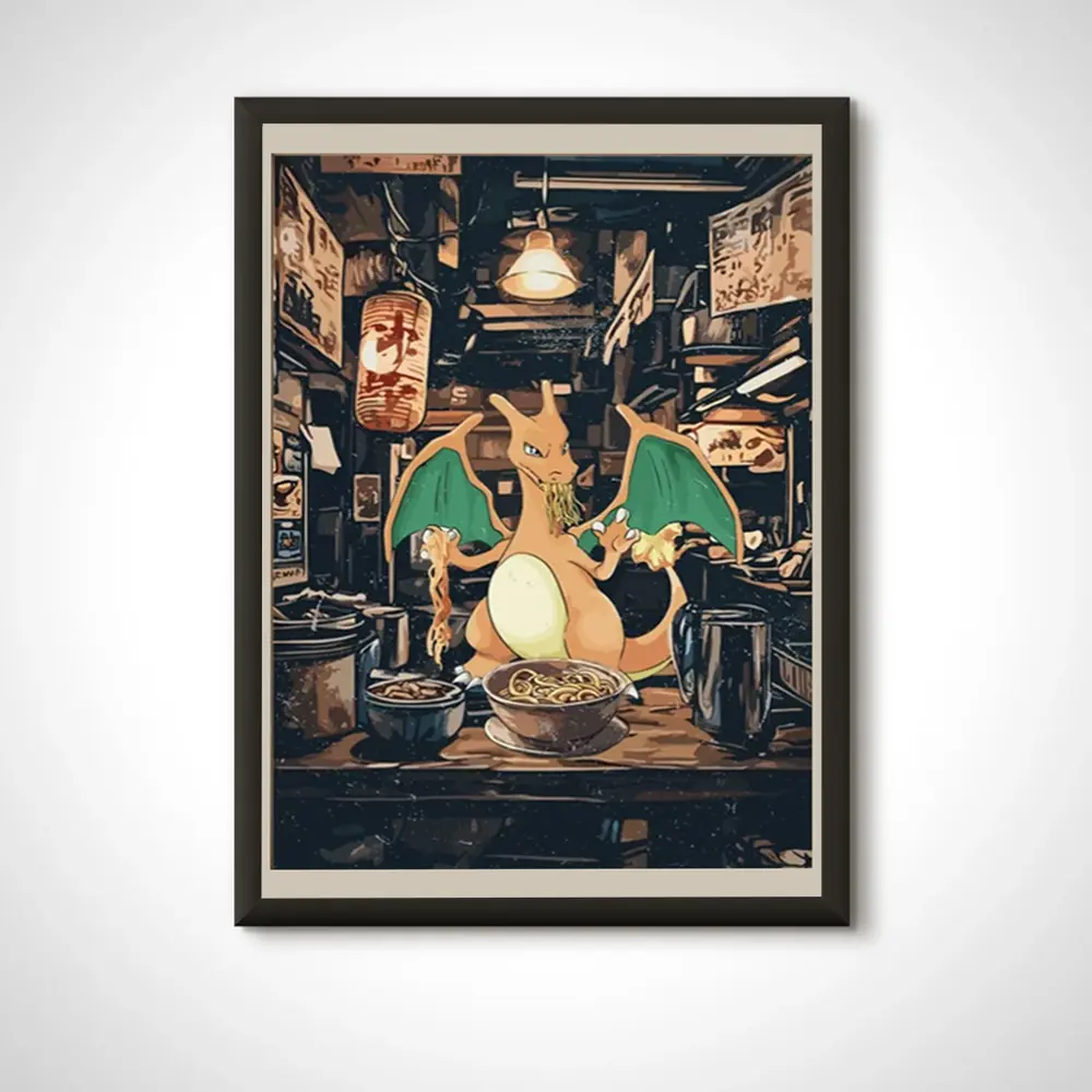 Charizard Ramen Poster - Japanese Pokémon Wall Art | Anime & Noodle Decor, Unframe Poster/Canvas 1.5 in Frame