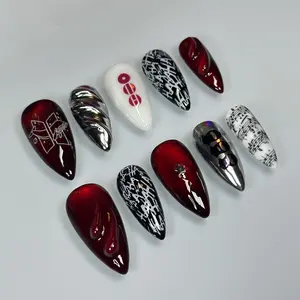 A52 Kpop Arirang Inspired Press-On Nails, Silver Chrome and Red Cat Eye Design, Music Note Art with 3D Metallic Details, Dark Style, Gift for Her