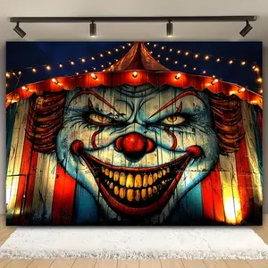 1pc Halloween party banner, made of polyester material, with a background image of a circus clown, suitable for indoor and outdoor decoration, festival decoration, Halloween party decoration, and photography background decoration