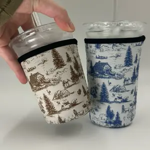 Western Barn Toile Coffee Sleeve | Reusable Neoprene Iced Coffee Cup Cover 16-24oz Cowboy Print Eco-Friendly Insulator for Grande & Venti Cups